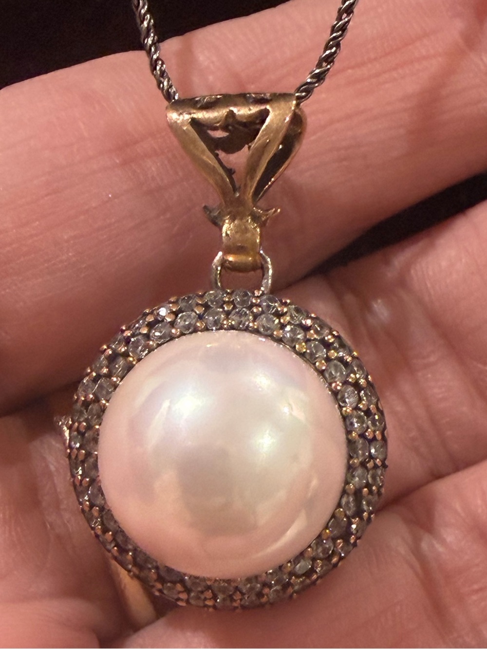 Vintage 925 Sterling Silver Mabe Pearl Halo Pendant Necklace 22”